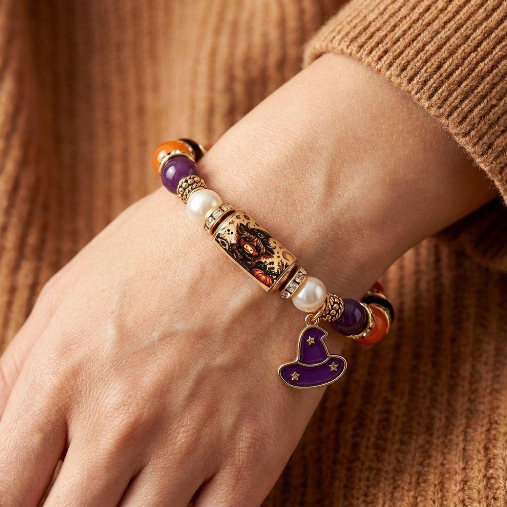 Vintage Witch Black Cat Charm Bracelet Beaded Pumpkin Ghost Bead Jewelry  For Women Men