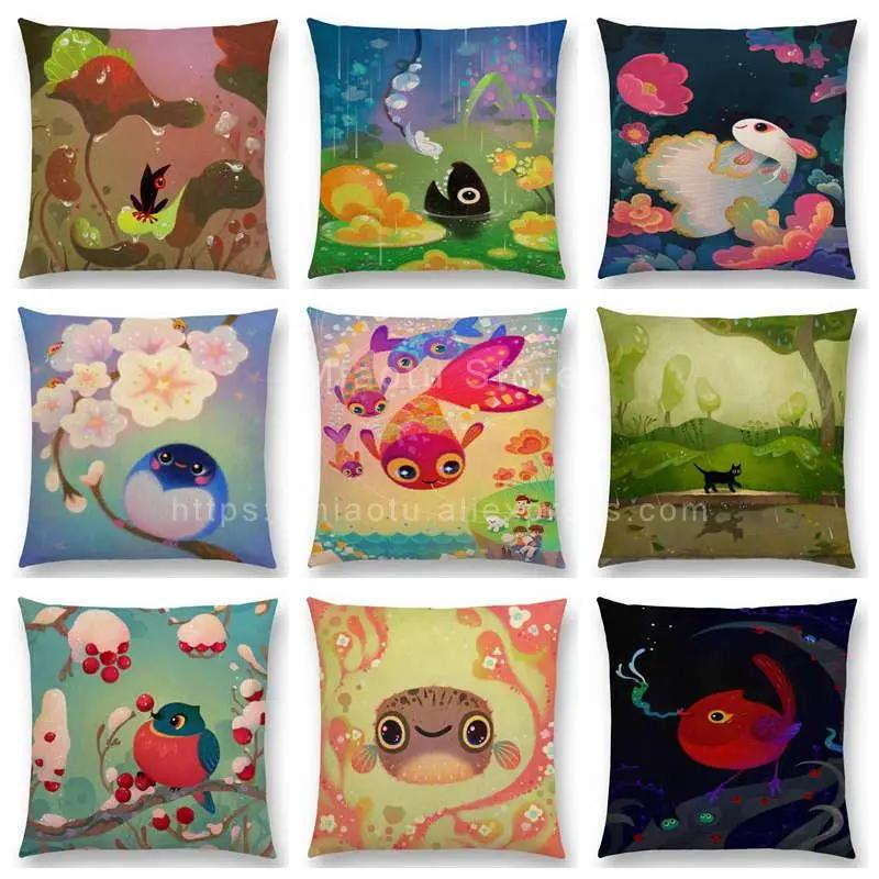 Superniedliche Cartoon-Tiere Kugelfisch Kissenbezug Lieblicher Vogel Süßes Nest Interessanter Fisch Katze Frosch Fuchs Wurfkissenbezug Hogar