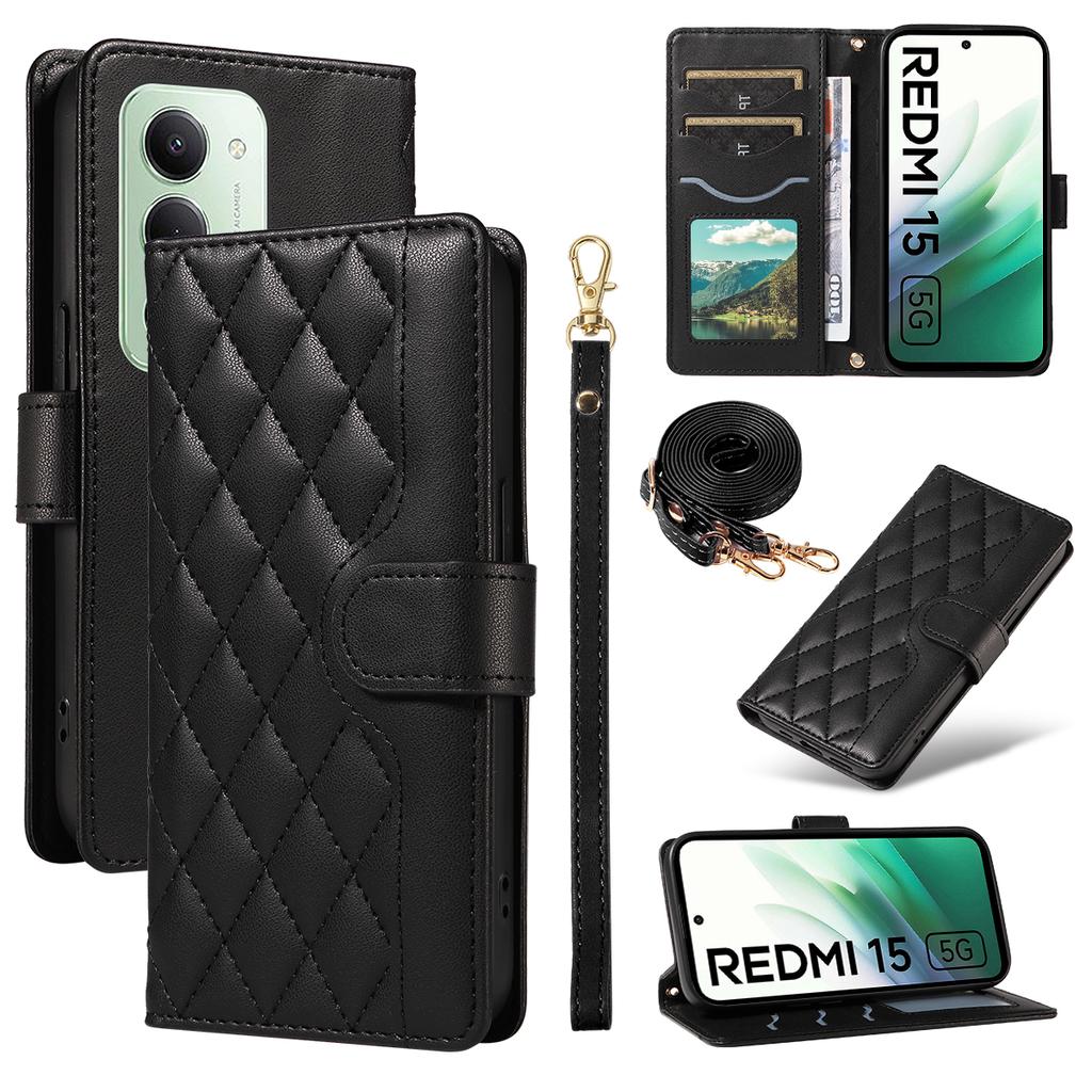 Pro Xiaomi Redmi 15 5G (Globální) (169 mm) Peněženkové pouzdro Kosočtvercové Kožené Pouzdro na Telefon s Poutkem