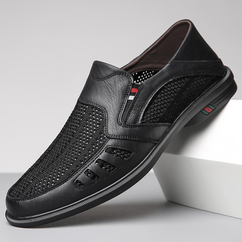 

Літні нові чоловічі шкіряні туфлі в стилі business casual, з коров ячої шкіри, з м якою підошвою, сітчасті, дихаючі, шкіряні сандалі-мокасини 44 чорний