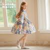 Little Naive Girls' Bubble Long Sleeve Ruffle Trim Floral Dress