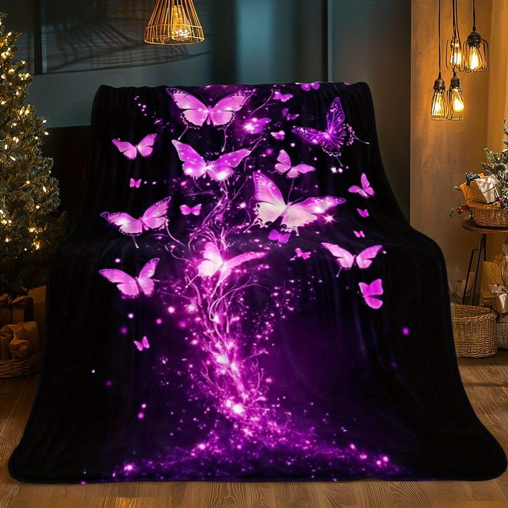 Purple Glowing Butterflies Magic Fantasy Flannel Blanket Soft Throw Blanket Mystical Design Bedroom Decor Gift for Her