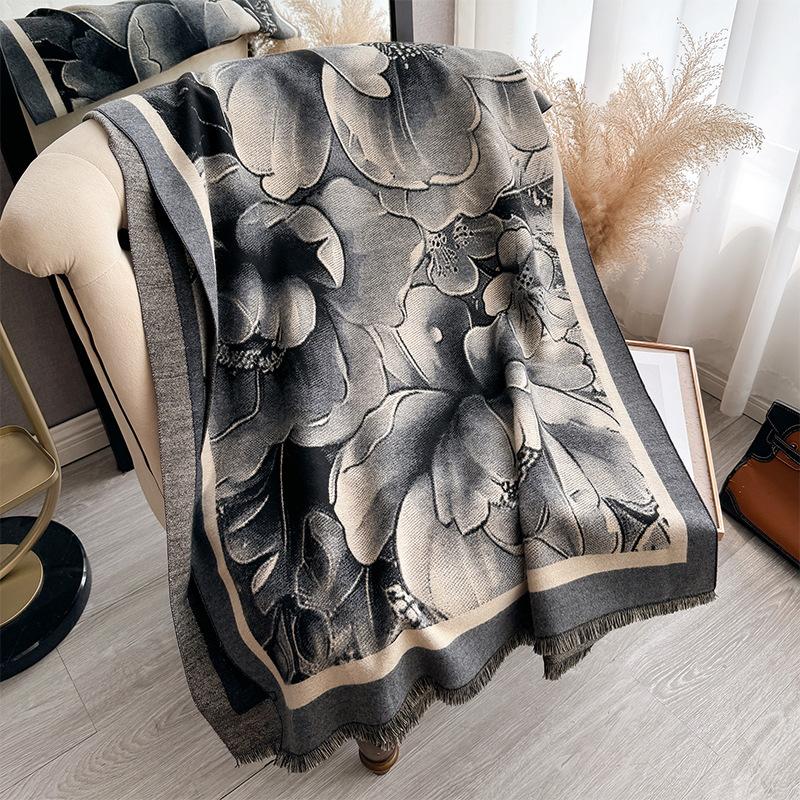 Autumn And Winter National Style Plants And Flowers Landscape Painting Elegant Women Warm Scarf Fashion Retro Shawl