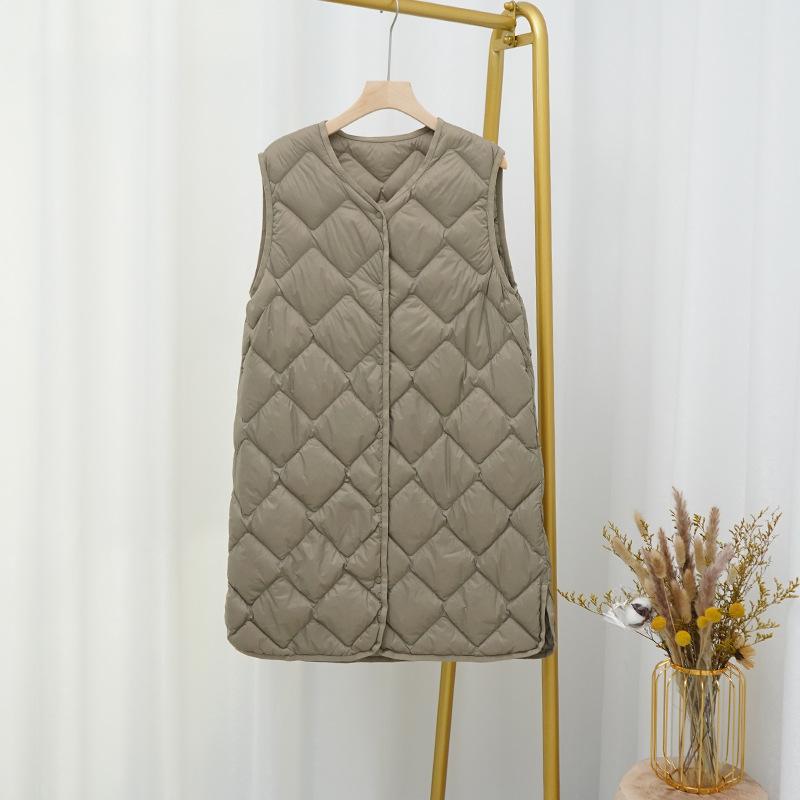 FASHION 2024 winter new medium and long down vest women's coat with collarless V-neck liner rhombus light vest Clothes