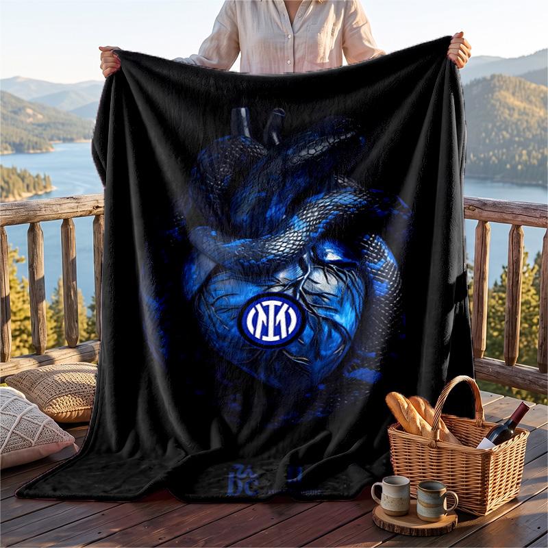 Warm Flannel Blanket Inter Milan Pattern, Lightweight Comfortable Throw Blanket for Bed Sofa Use