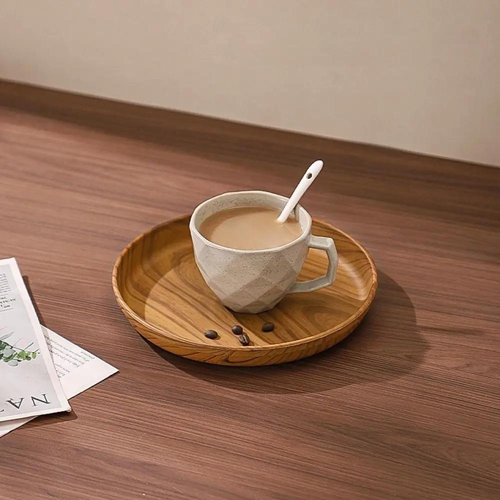 1Pcs New 20/26/32/38cm Imitation Wooden Tray Handmade Plastic Water Cup Tray Round Dishes Plate Home Use