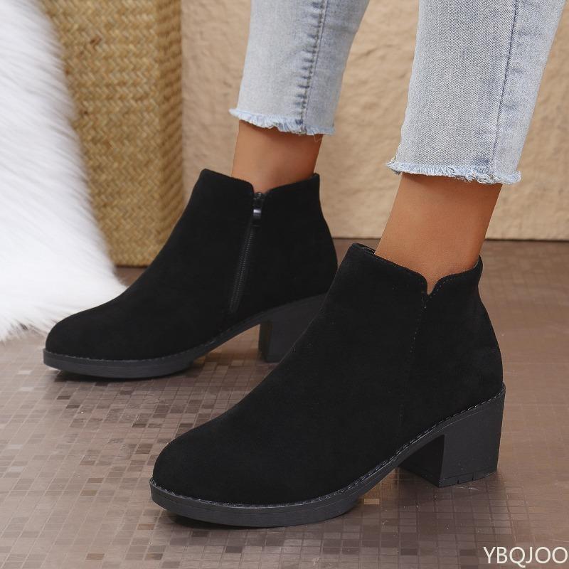 Autumn New Fashionable Versatile Thick Heel High-heeled Women's Boots Comfortable Round Toe Side Zipper Women's Boots