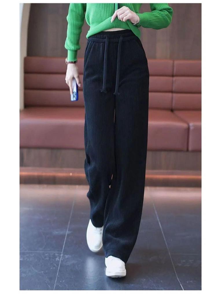 Women's Black Corduroy Wide-Leg Pants with Fleece Lining for Autumn/Winter 2025