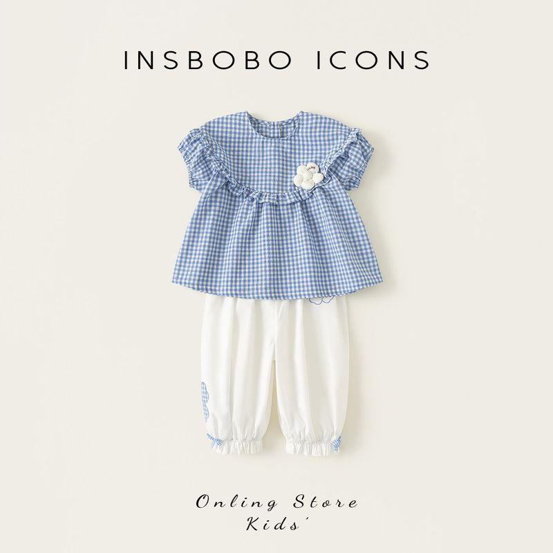 Girls  Summer Outfit 2026 New Style Baby Girl Summer Clothing Children s Short-Sleeve Trendy Summer Outfit for Little Girls Blue grid 90