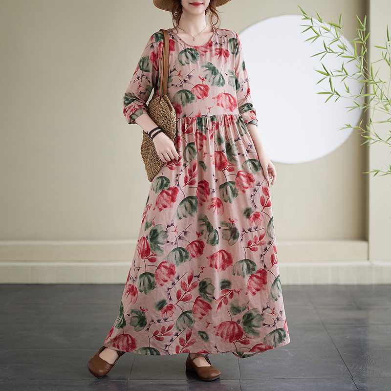 

Летние винтажные длинные платья для путешествий с круглым вырезом, закрывающие тело L