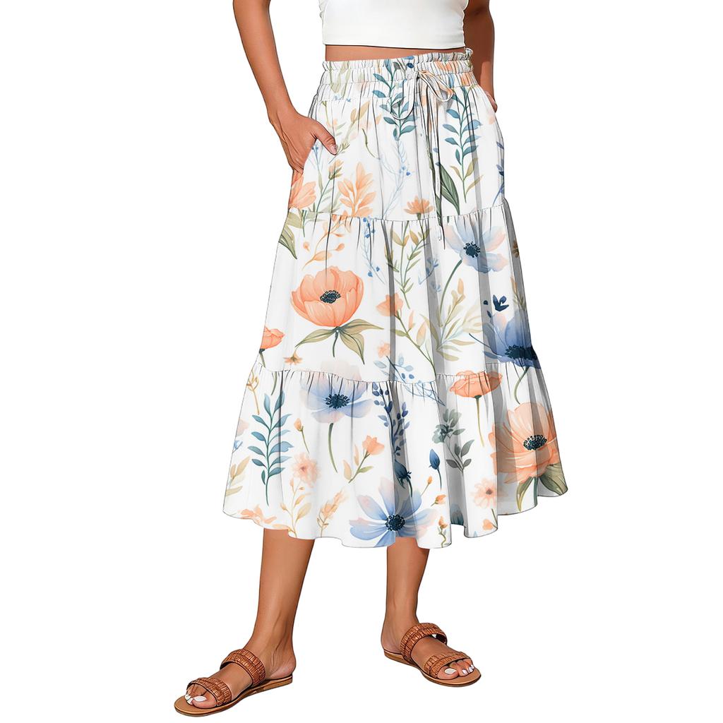Womens Maxi Skirt Drawstring High Waisted Summer Long Skirts Lightweight Tiered Flowy Floral Pleated Skirts