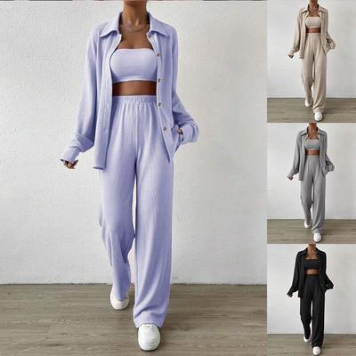 Autumn and Winter Solid Color Button Cardigan Lapel Casual Fashion Women's Two-piece Set