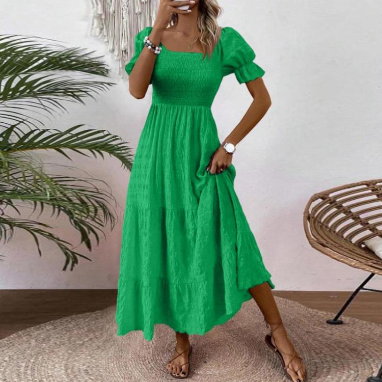 Women S Square Neck Puff Sleeve Maxi Dress Smocked Bodice Tiered Skirt with Pockets for Casual Wear
