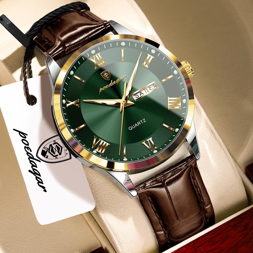 POEDAGAR Luxury Fashion Watch for Man Leather Date Week Casual Quartz Clock Waterproof Luminous Business Watches Reloj