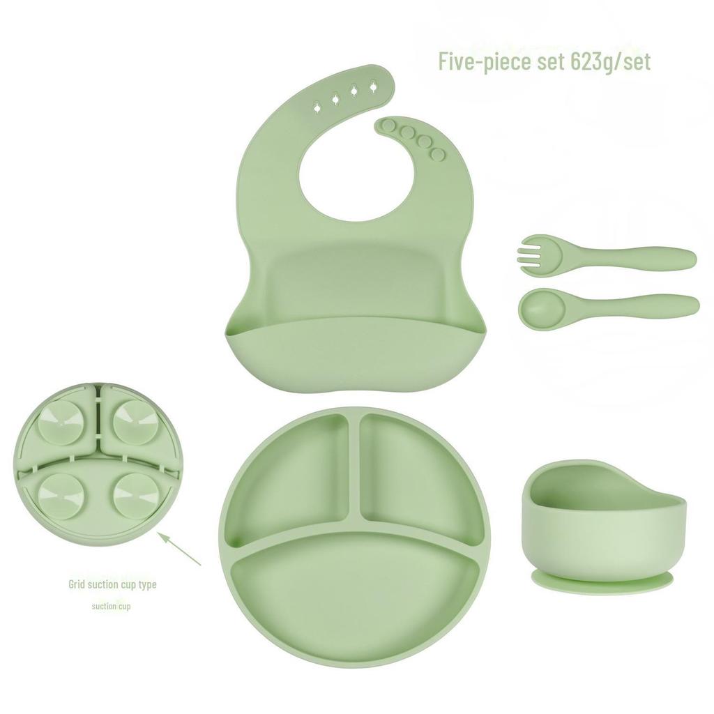 Kids' Silicone Tableware Set: Shatter-Resistant Plate, Bowl, Fork, Spoon, Bib (5-Piece)