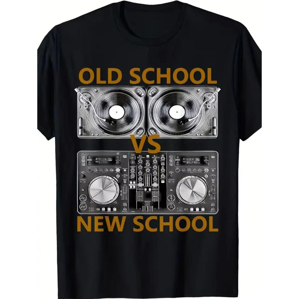 Herren Vintage DJ T-Shirt Old School Vs New School Musik Battle Tee Plattenspieler DJ Ausrüstung Print Retro Clubwear DJs Produzenten