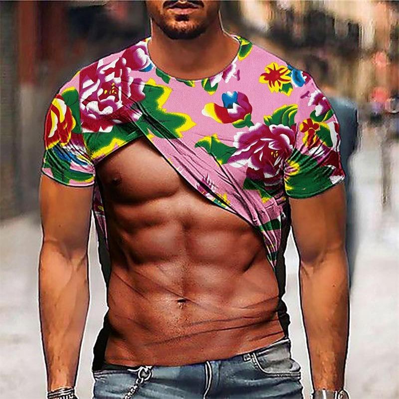 Pánské 3D tištěné tričko s krátkým rukávem s falešnými svaly, 3D tričko s břišními svaly, ležérní pulovr s krátkým rukávem