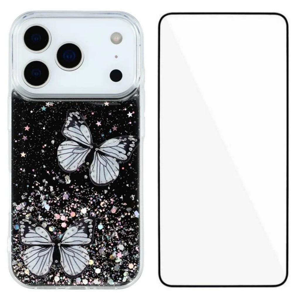 For iPhone 17 Pro TPU Case WANLONFENG AW Series PVC Butterfly Epoxy Phone Cover with HD Film