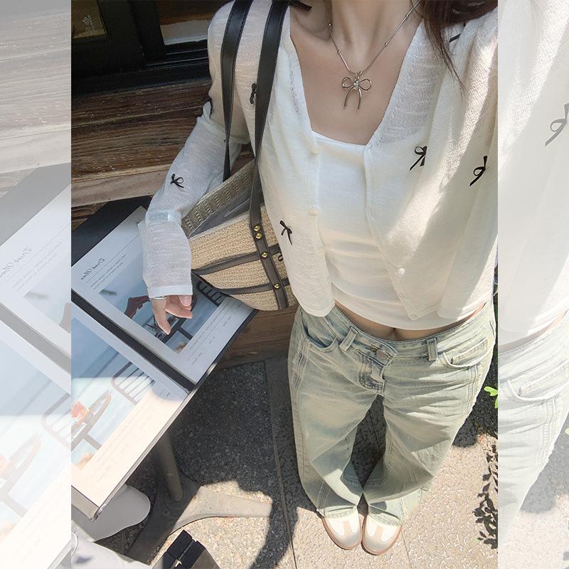 Summer Ice Silk Sun Protection Knit Cardigan Slimming Versatile Bow Thin Shawl Cover Up Spring Women Wear