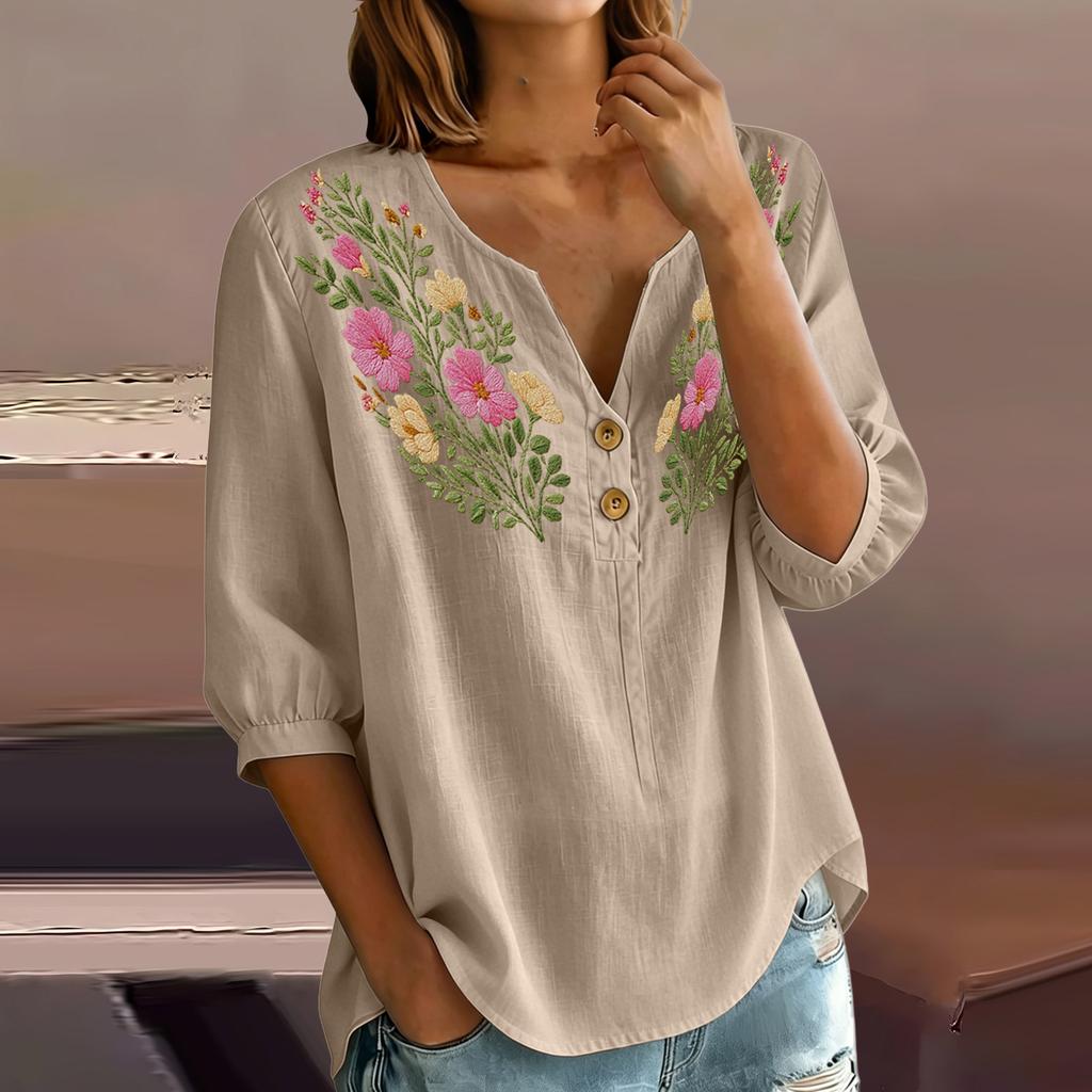 Women Floral Pattern Henley Button Neck Shirt Three Quarter Sleeve Casual Cotton Linen Blouse Lightweight Breathable Top