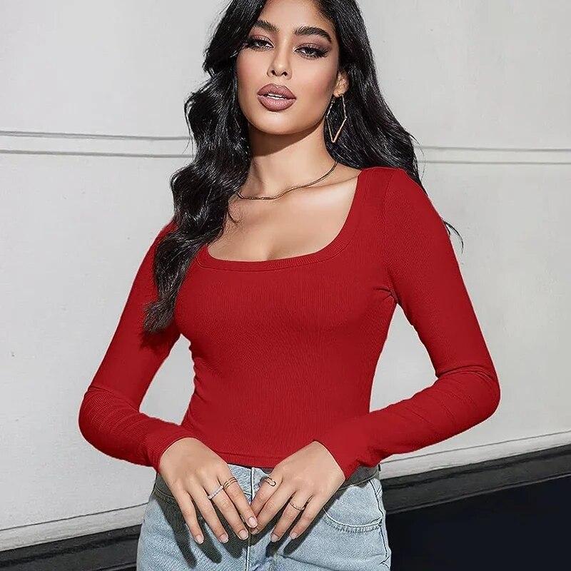 Autumn Slim Fit Square Neck Knit T-shirt Women Solid Long Sleeve Short Tshirts Female Fashion Tops Casual Sexy Tees Blusas 30288