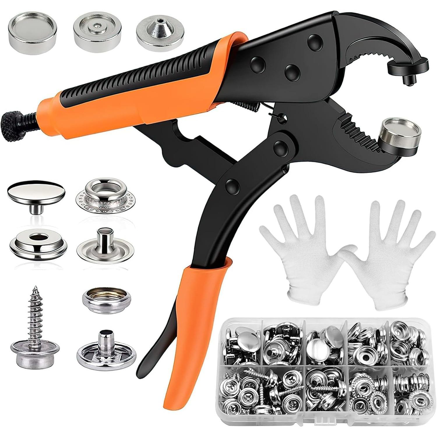 

Сверхпрочный набор инструментов для кнопок, регулируемые плоскогубцы для установки кнопок с 3 матрицами и 30 комплектами металлических застежек, набор кнопок оранжевый