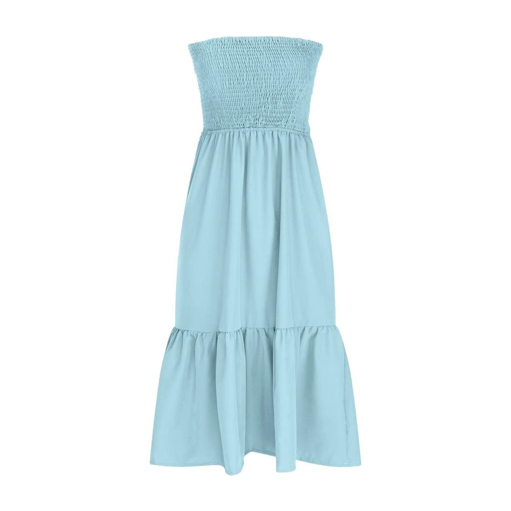 Strapless Dress For Women Color Summer Beach Boho Smocked Tube Top Long Dress