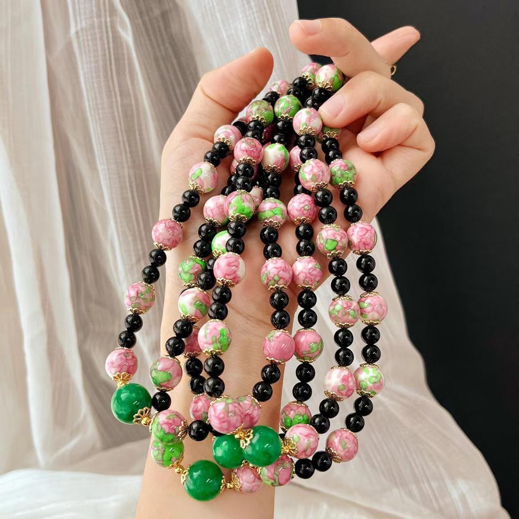 Vintage Medieval Cherry Blossom Pink Frog Skin Glazed Ceramic Bead Black Agate Retro Sweater Bracelet Necklace