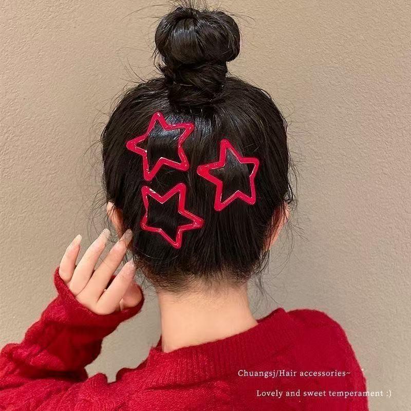 Red Pentagram New Year Star Hair Clip - Festive Side Bang Accessory for Women and Girls