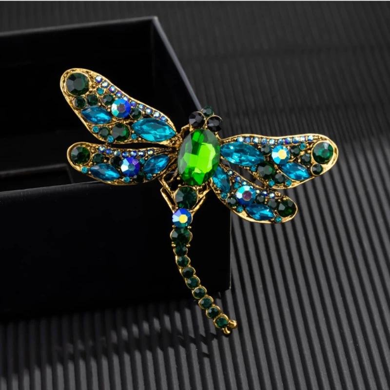 Retro Dragonfly Brooch Female Alloy Inlaid with Diamond Heavy Industry Insect Safety Pin Suit Coat Collar Fashion Pin Accessory