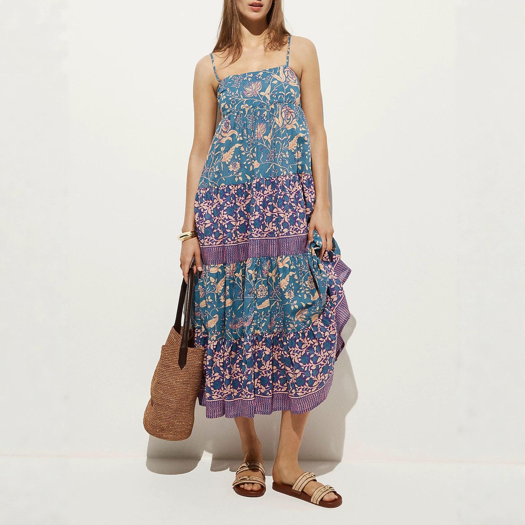 Women Elegant Floral Print Spaghetti Strap Slim Fit Midi Vacation Dress S разноцветный