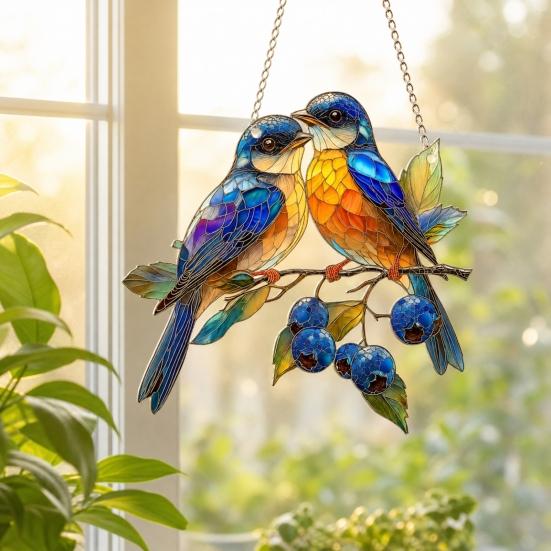 Red Bird Sun Catcher, 2D Acrylic Bird Hanging Decoration, Stained Glass Style Bluebird Suncatcher for Indoor Window Front Porch Decor