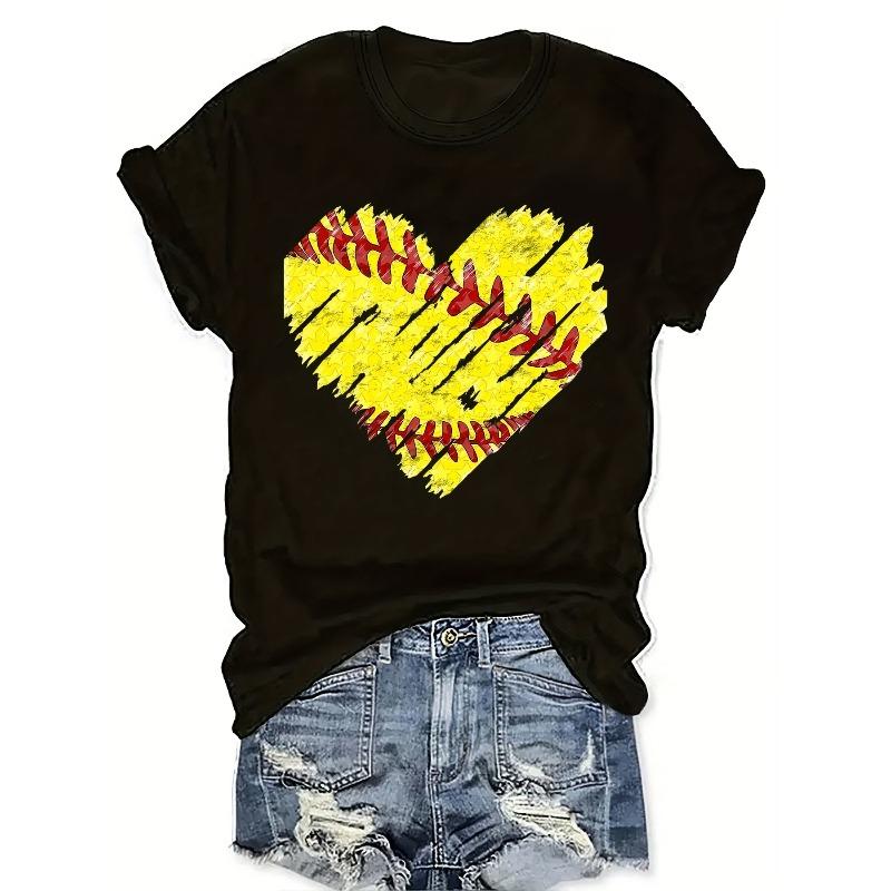 

European Size Women s Casual Baseball-Themed Heart Print T-Shirt - Short Sleeve Crew Neck Blouse 4XL чорний