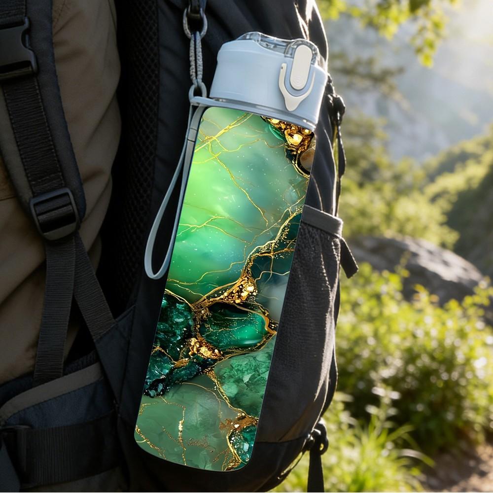 1PC Green Gemstone Gold Marble Pattern 750ml Color Plastic Sports Water Bottle Leakproof Flip Straw Lid Suitable for Sports Office Home Use