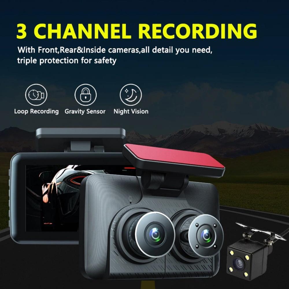 3-channel Dashcam, In-vehicle Black Box, 1080P HD Resolution, Infrared Night Vision, with Parking Monitoring and Gravity Sensor