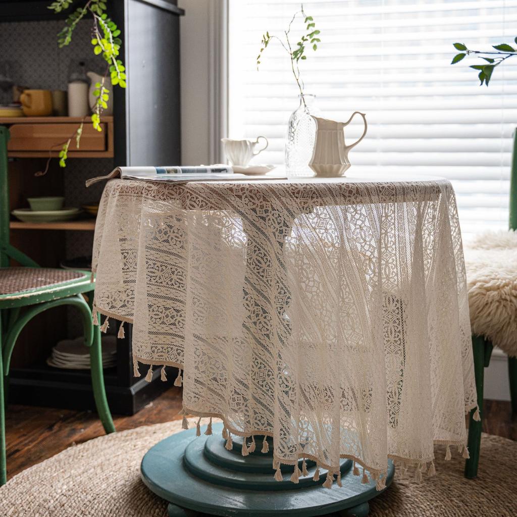 American Country Style Vintage Crochet Hollow Tablecloth, Rice White Crochet Plaid Pattern Decorative Tablecloth Suitable for Home Decoration, Picnic