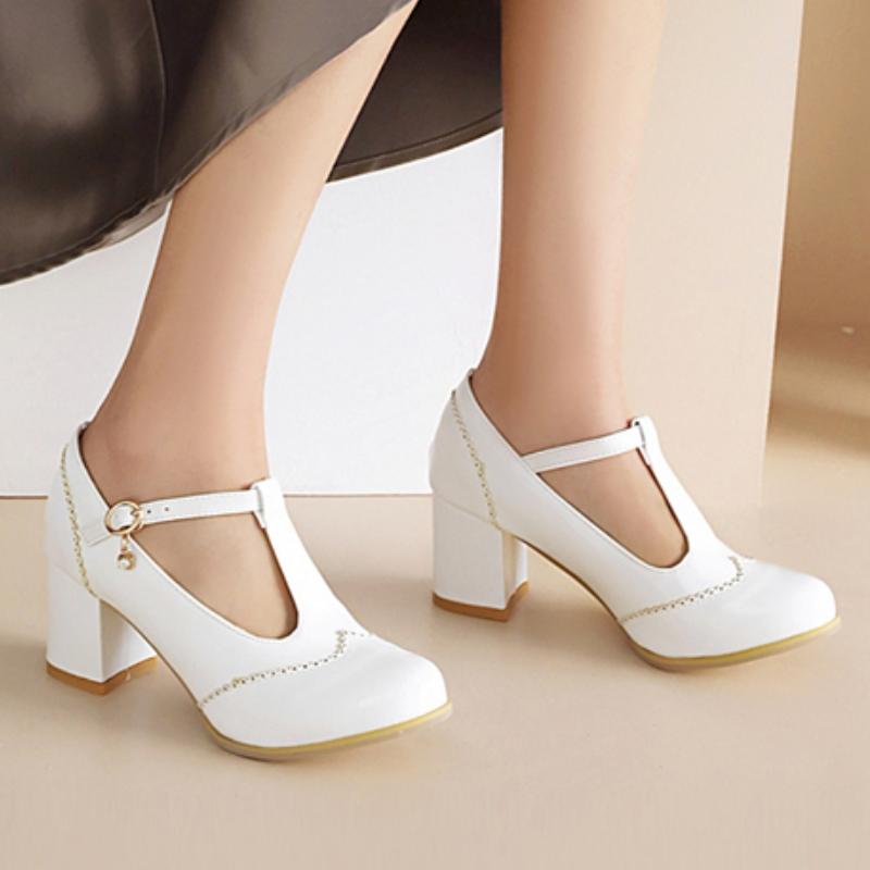Elegant White Black Block High Heel Women Pumps Mary Janes Shoes Large size 48 Party Office Wedding Dress Shoes Lady Comfortable