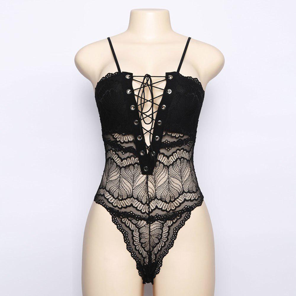 Transparent Lace Sexy V Neck Sleeveless Lace-ups Bodysuits Slim Bodycon Hollow Out Bandage Bodysuit