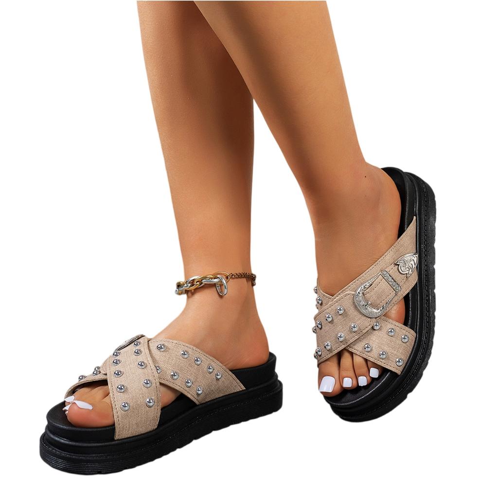 Women's Summer Cross Strap Platform Sandals Adjustable Buckle Studded Beach Slide Slip On Thick Sole Casual Footwear