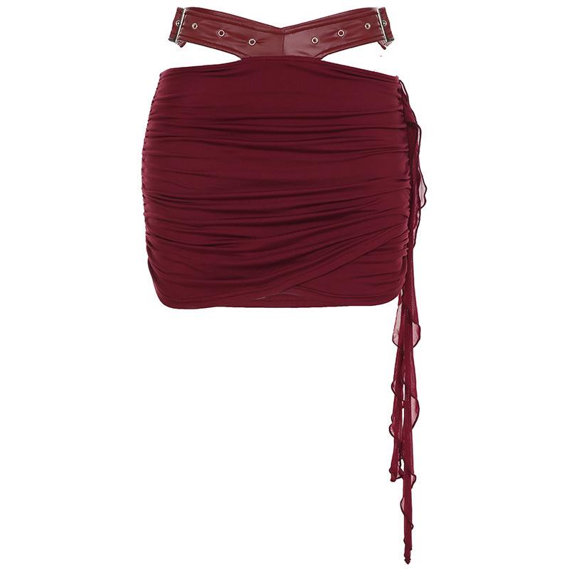 Retro Cross-Border Lace-Up Strapless Waist-Shaping Top and Hollow-Out Leather Skirt Set for Women