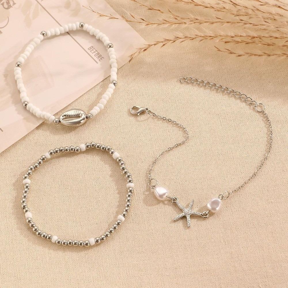 3Pcs Pearl Shell Bracelet Set Stretch Multiple Layers Bracelet Elegant Beaded Bracelet Set  Beach серебряный
