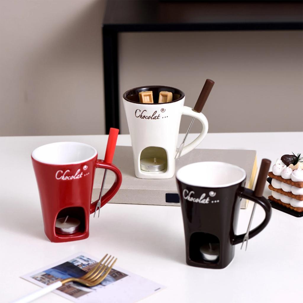 Chocolate Melt Ceramic Fondue Cup With Fork Ice Cream Cheese Chocolate Dessert Melt Oven Heated Food Birthday Cooking Appliances