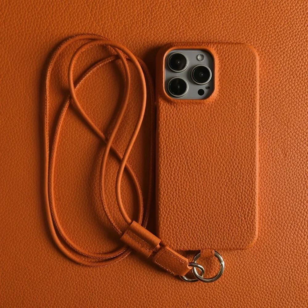 Full Grain Cowhide Leather Case for iPhone 17 Pro Max Air 16 Pro 15 14 Plus 13 12 11 Crossbody Long Strap Mobile Phone Cover