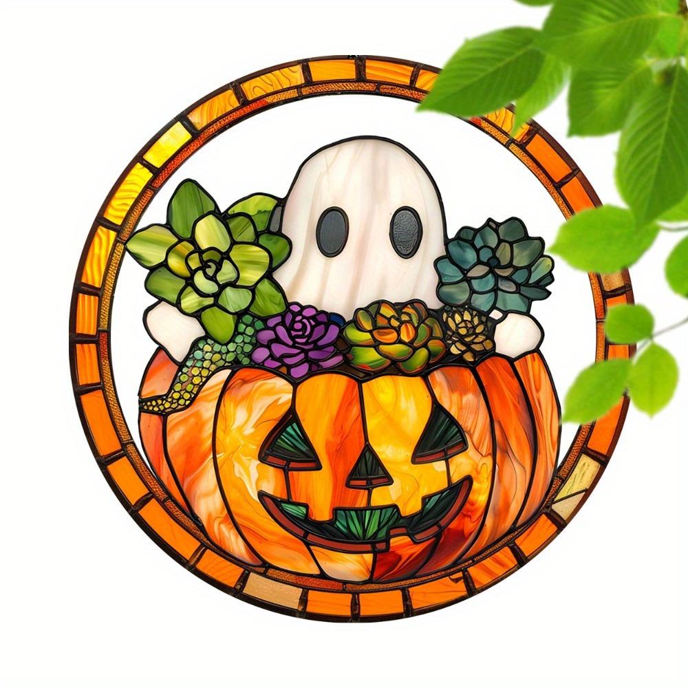 

Colorful Halloween window decor with ghosts and pumpkins. Perfect for family gatherings and celebrations. чистый