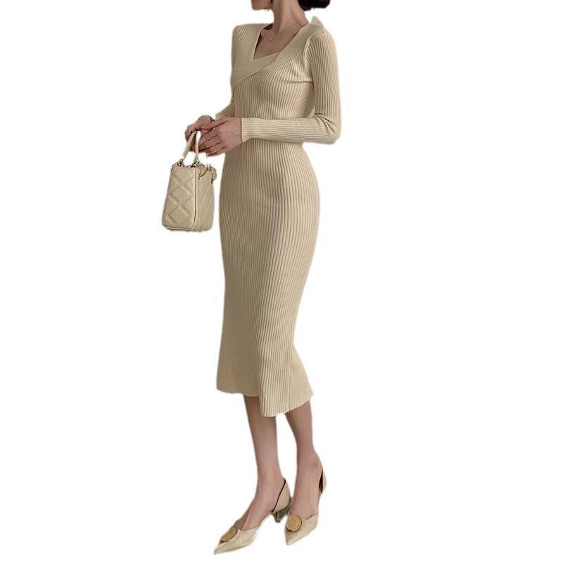 Sanftes Temperament, weiches Strickkleid Herbst- und Winterbekleidung für Damen, V-Ausschnitt, schmale Passform, schlankmachendes und hüftbetontes Wollkleid