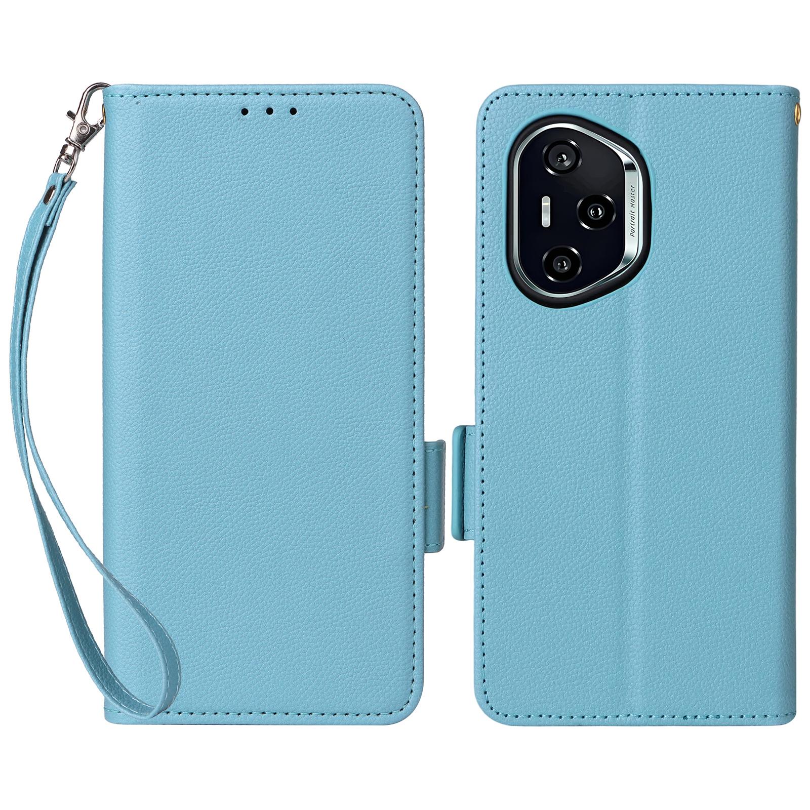 

For Honor 400 Case with Wrist Strap Litchi Texture PU Leather Wallet Phone Cover Baby Blue