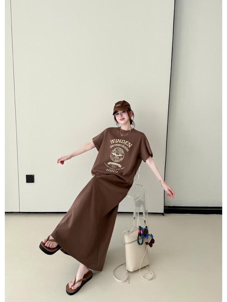 2026 Summer Fashion Women's Loose Short Sleeve Printed T-Shirt Dress - Over the Knee