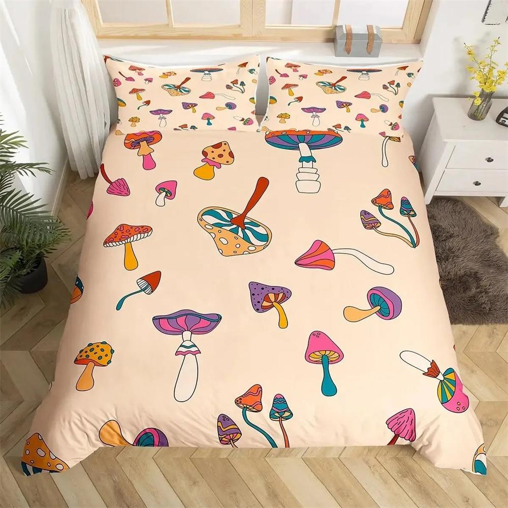 Wild Mushroom Duvet Cover Set King Size,Cute Ladybug Bedding Set Kids Teens Rustic Hand Drawn Comforter Quilt Cover Set 135x200cm