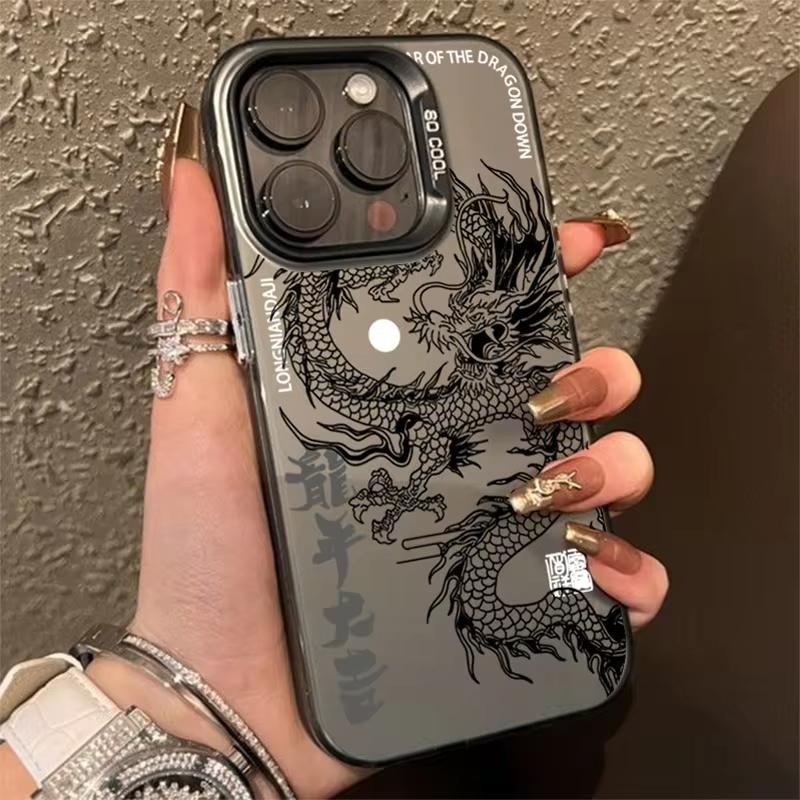Custodia anti-caduta di lusso con motivo a drago per iPhone 16, 15 Pro Max, 15, 14, 13, 12, 11 Pro XR XS, 7, 8 Plus, placcatura protettiva per obiettivo