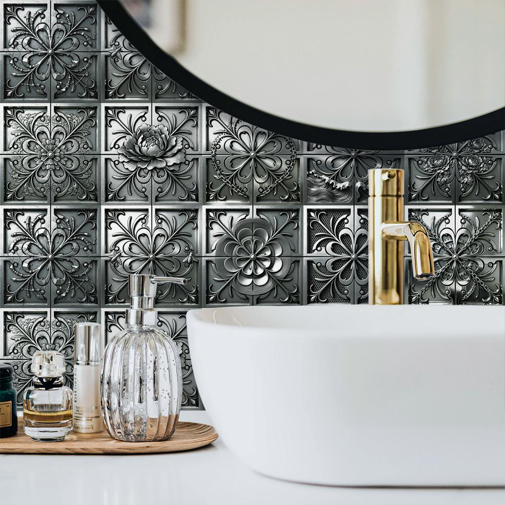10Pcs 3D Metal Embossed Tile Stickers, Vintage Silver Floral PVC Wall Decals, Waterproof Self-Adhesive Crystal Film Decor for Kitchen Bathroom Floor